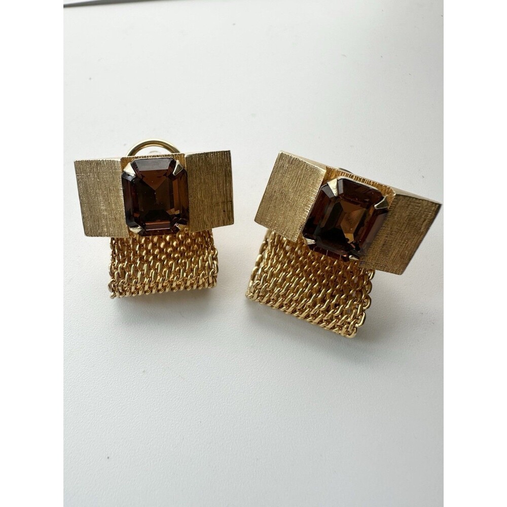 Vintage Amber Color Rhinestone Mesh Cuff links Gold Tone